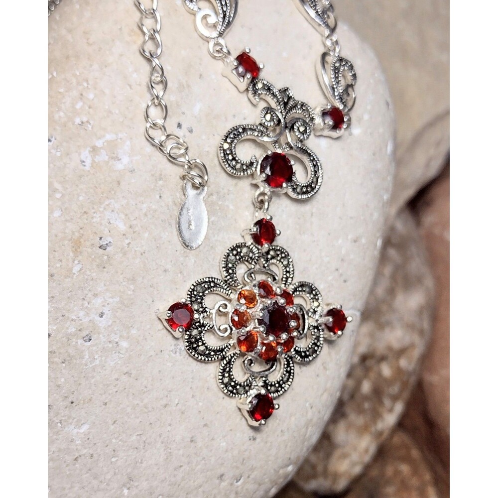 Ornate Garnet CZ Marcasite Silver Filigree Pendant Necklace Signed - Picture 3 of 12